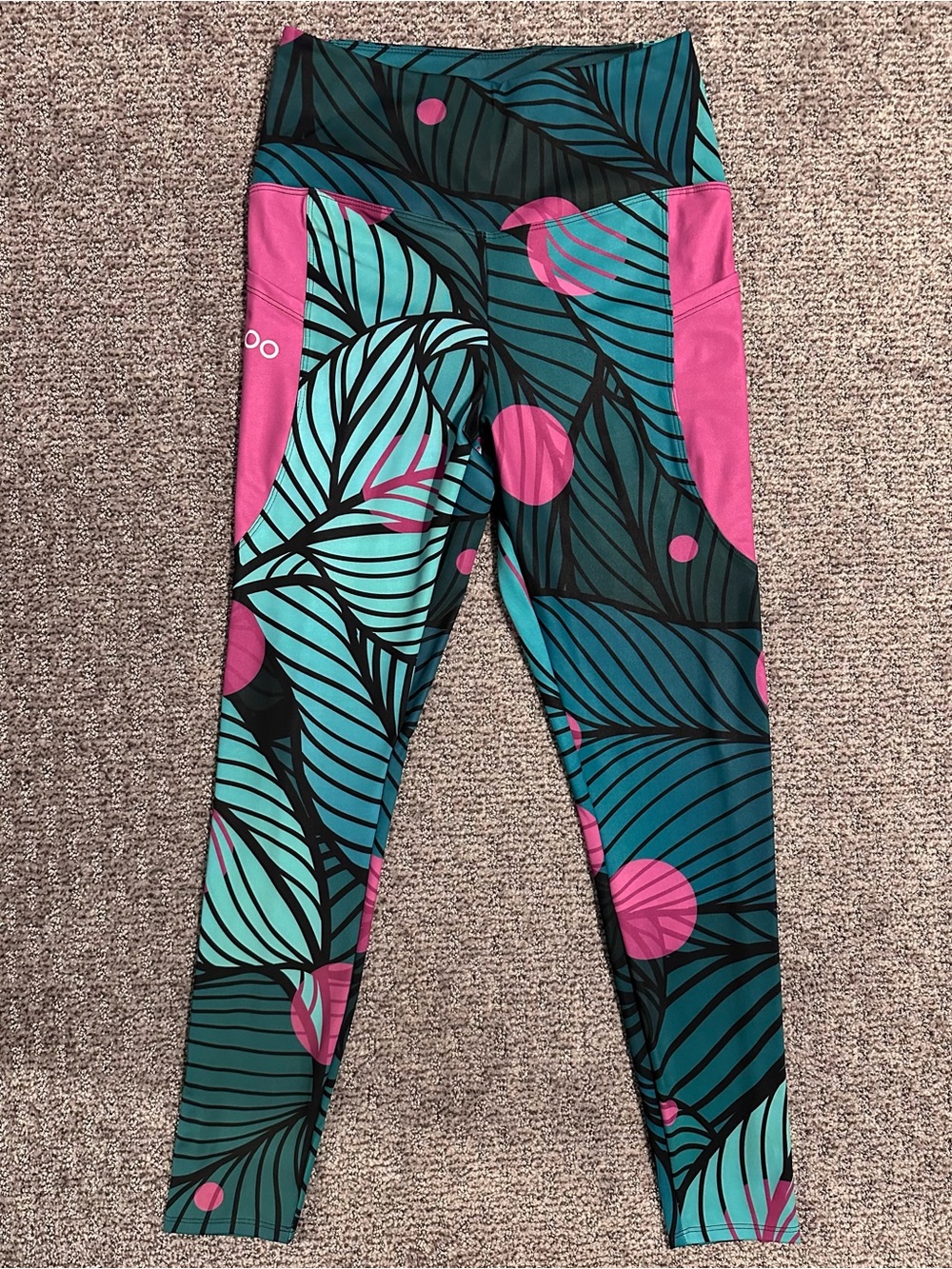 New! Loony Legs Recycled Floral Leggings "Fireflies" Green/Pink with Pockets, L
